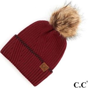 DISCONTINUED C.C Exclusives RARE Burgundy Knit Hat with Faux Fur Pom